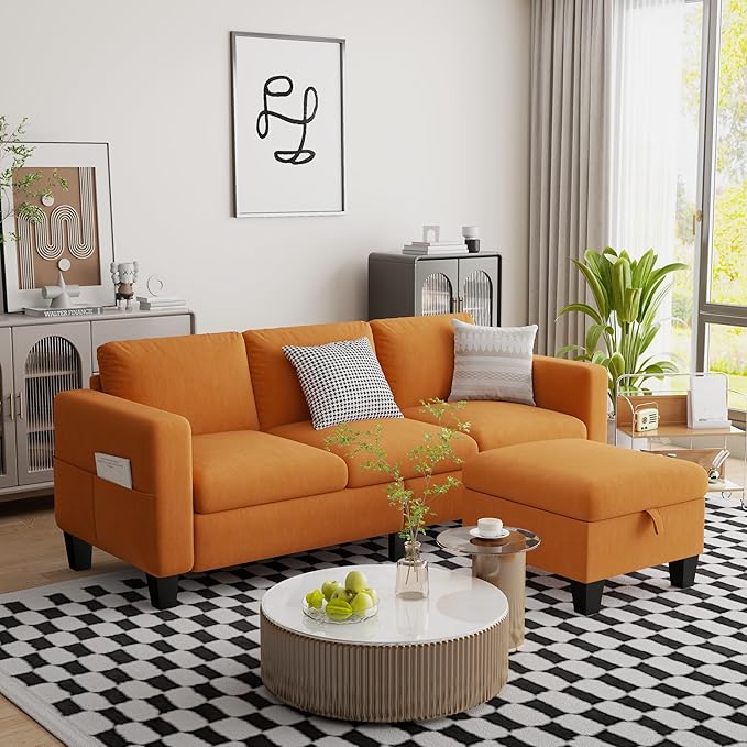 ZeeFu Convertible Sectional Sofa CouchClassic 3 Seat L-Shaped Sofa Set with Movable Ottoman Modern Orange Velvet Upholstered Small Sectional Sofa Couch for Small Space Apartment Living Room Office