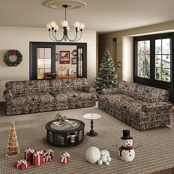 Luxury 3&amp4-Seater Sectional Couch Elegant Pleated Skirt Design and Rolled Arms 26.4 Extra-Deep Seat Couches for Living Room Apartment Soft Cushions &amp Sturdy Frame Oxford Sofa Black Flor