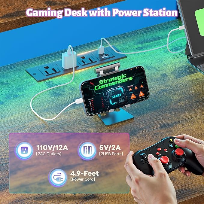 EnHomee 53 Inch Computer Desk with Power OutletGaming Desk with LED LightReversible Office Desk with Hutch &amp Monitor Stand L Shaped Corner Desk with Drawers &amp HooksHome Office Writing Desk