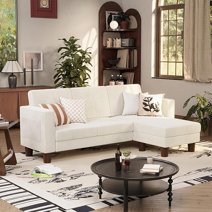VICTONE Convertible Sectional Sofa Couch 3 Seat L-Shaped Sofa with Linen Fabric Ottoman Small Couch for Small Apartments Living Room and Office (Corduroy Cream)