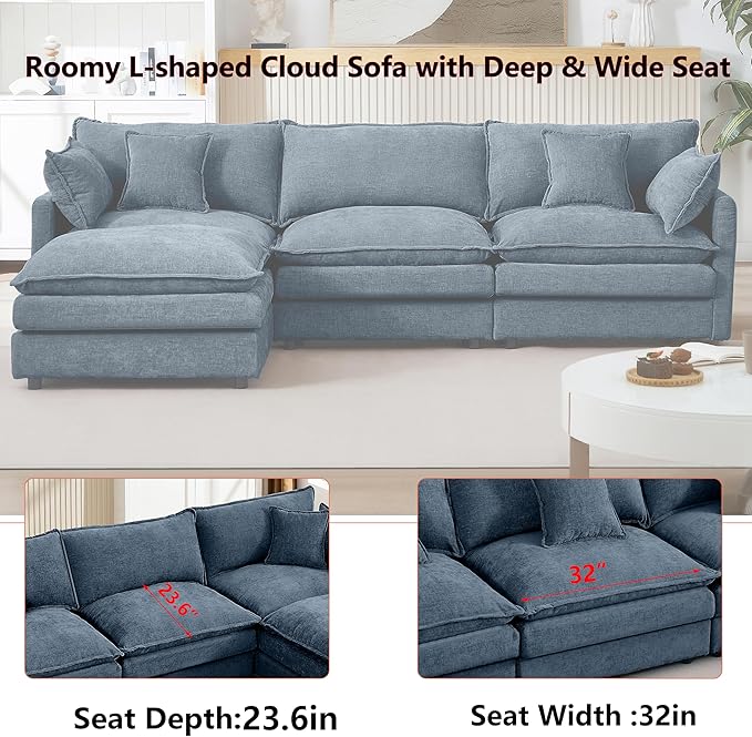 102 L-Shaped Sofa for Living RoomModular Sectional Cloud Sofa Couch with OttomanModern Chenille 3 Seater Sofas with Deep SeatSmall L Shaped Couches for Bedroom (Blue 102)