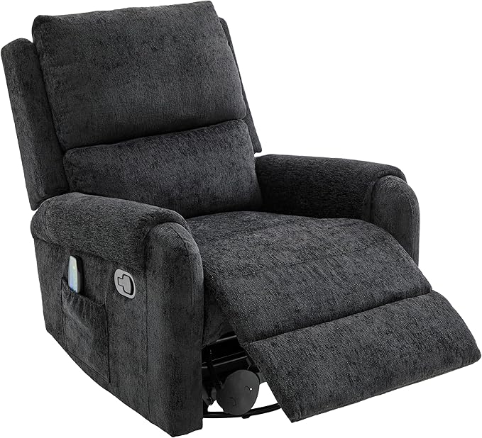 Christopher Knight Home Harper Massage Recliner Chair with 8 Modes Chenille Upholstered Recliner Sofa Swivel Massage Chair with a Side Storage Pocket for Living Room/Bedroom Head Support Black