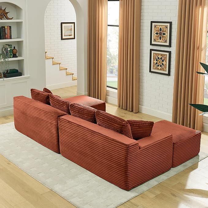 U-Shaped Cloud Sectional Couch Symmetrical Modular Compressed Boneless Sectional Sofa with Chaise Lounges Plush Corduroy Boneless Corner Sofa for Living Room