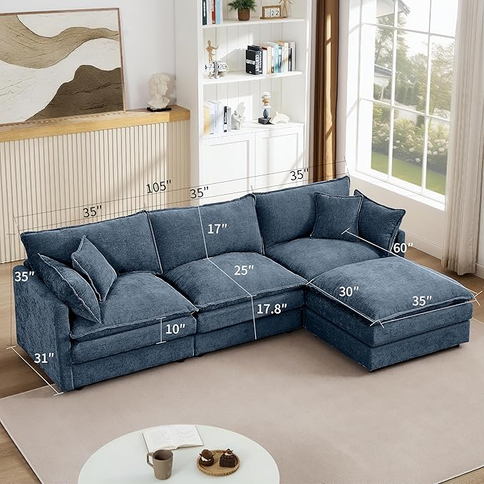 Blue Sectional Modular Sofa Cloud Couch 105 Modern Convertible L-Shape Sofa Deep 3-Seater Soft Chenille Comfy Upholstered with Removeable Ottoman Set and Removable Cushions for Living Room