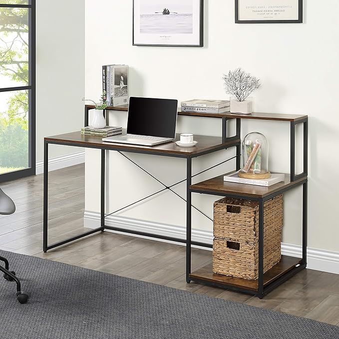 Home Office Computer Desk with Storage Shelves and Monitor Stand Riser Shelf Study Writing Desk Computer Table (Old SKU: WF198006AAT)