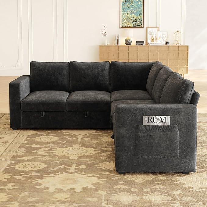 83.5 Sectional Sleeper Sofa with Pull Out Couch Modern 5 Seat L Shaped Modular Couch Sectionals Modular Sofa with Storage Comfy Sectional Couches for Living Room &amp Apartment Dark Gray