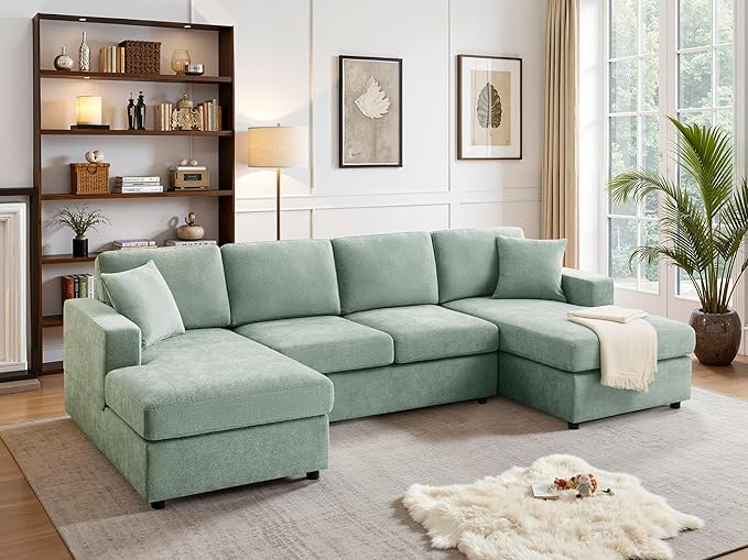 VANOMi 118'' U Shaped Sectional Sofa 4 Seat Modern Sectional Couch Double Chaise Longue Cozy Chenille Sofa Couches for Living Room Apartment Mint
