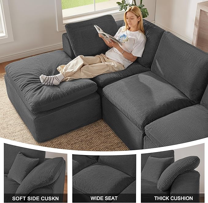 112 Cloud Sectional Couch Boneless Couches for Living Room L Shaped Couch with Convertible Ottoman Modular Sectional Sofa with Deep Seat Comfy Soft Cushions No Assembly Darkgray