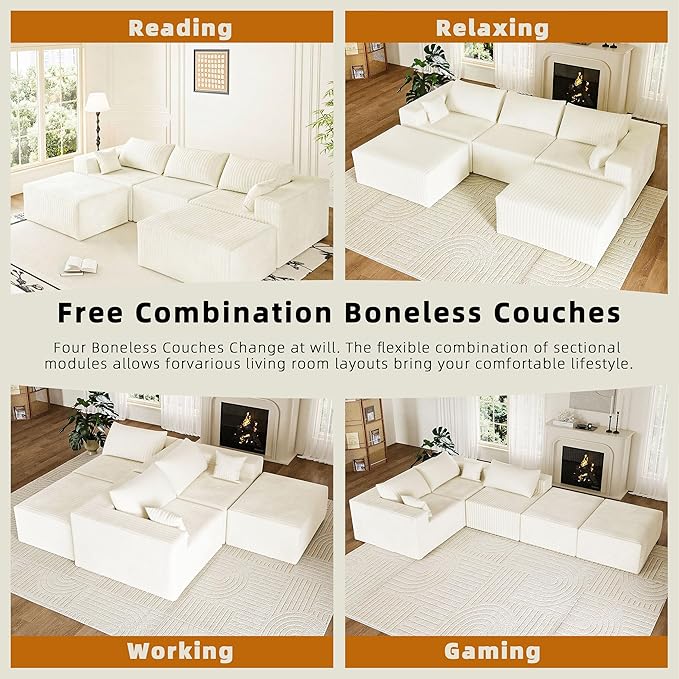 110 Boneless Couches for Living Room Cloud Couch Modular Sectional Sofa with Deep Seat Plush Large Foam SofaU-Shape Sofa CouchNo Assembly Required White (Plush Corduroy Fabric)