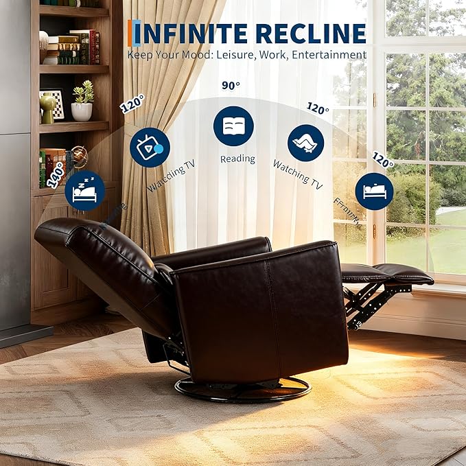 GAOMON Swivel Rocking Recliner Chair Manual Leather Recliner Glider with Lumbar Support &amp Padded Armrest Comfortable Rocker Nursery Single Sofa for Living Room and Bedroom (Dark Brown)