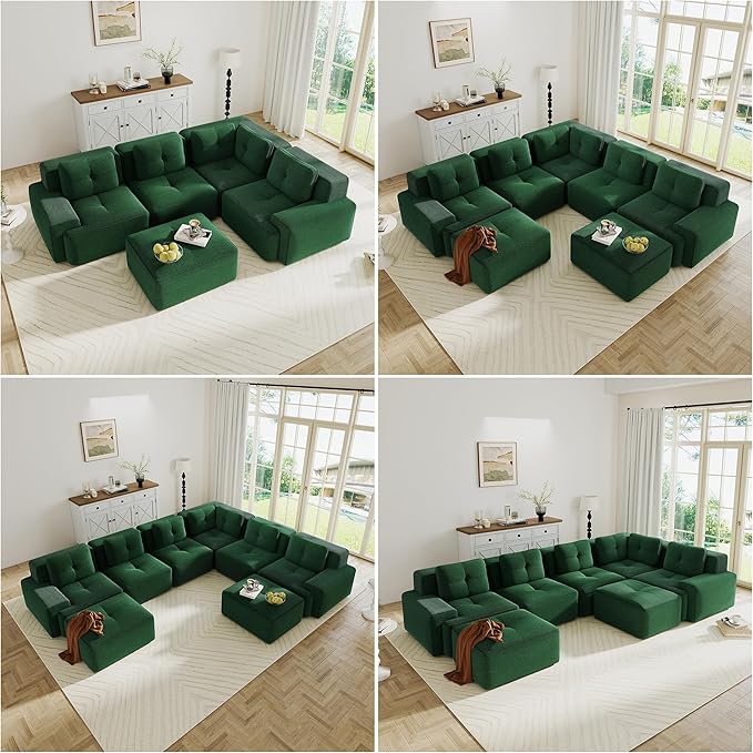 Corner Boneless Couch Modular Sectional Sofa Modern 8-Seater C Shaped Sectional Couches for Living Room with Deep Seat and Ottoman Oversized Comfy Corduroy Cloud Couch Sleeper Sofa Green