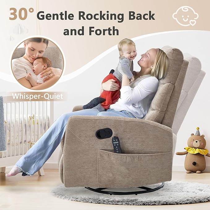 cinkehome Swivel Rocker Recliner Chair Upholstered Nursery Glider Recliner Chair with Heated Massage High Back Side Pocket (Khaki Chenille Fabric)