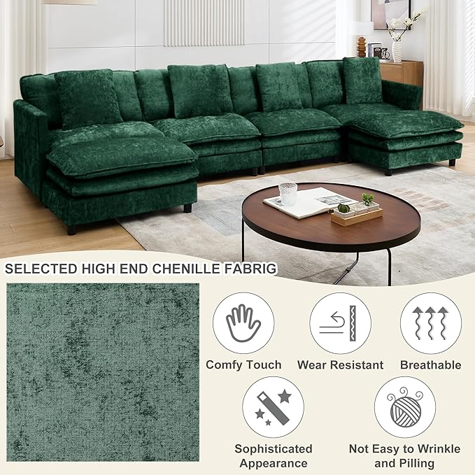 108’’ Modular Sectional Sofa with Sleeper Comfy Cloud Couch L Shaped Chenille Couch with Thick Cushions &amp Movable Ottoman for Living Room Bedroom (Green 143.31- U Shape Sofa)
