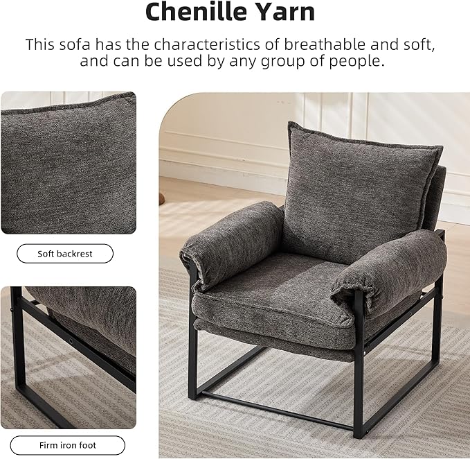 YISHENG Accent Chair with 6-Angle Adjustable Backrest(90°–180°) Chenille Fabric Living Room Chair Upholstered Lounge Chair Modern Cozy Reclining Chair for Reading Reception RoomBalcony 2PC Gray