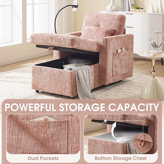 HOMEFUN Sleeper Chair Bed Lazy-Friendly Indoor Chaise Lounge with Storage Cell Phone Bracket Multifunctional Sofa for Bedroom Living Room Small Space Adults