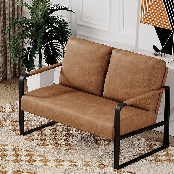 Love Seat Mini Couch Small Settee Loveseat Bench for Living Room Faux Leather Loveseat Sofa Couches for Small Spaces with Padded Cushion Mid Century Modern Light Brown Love Seats