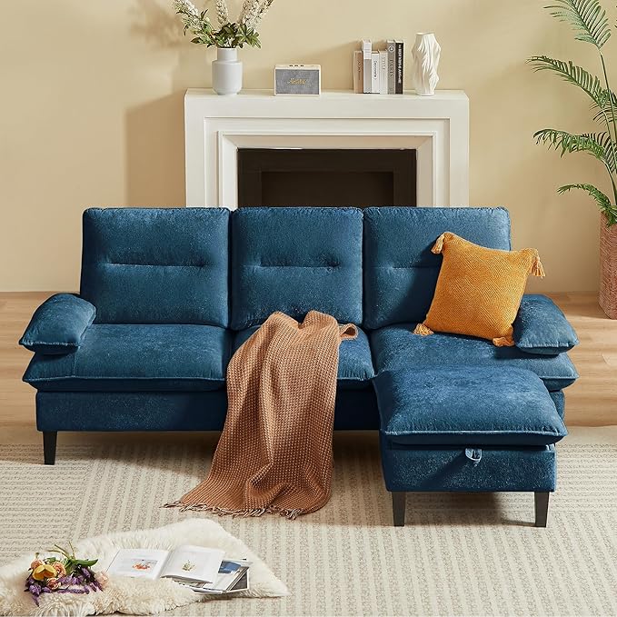 86'' Chenille Sofa with Storage Ottoman Modern Living Room Sofa with Removable Washable Cushion 3 Seater Comfy Couch for Apartment Bedroom Office (Blue)