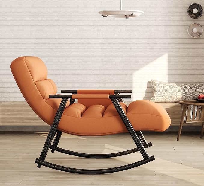 Folding Upholstered Rocking Chair Adjustable High Back with Footrest and Side Pockets Comfortable Seating for Living Room Bedroom or Balcony