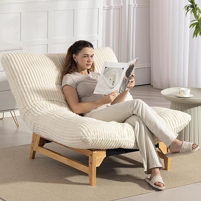 KEIKI Large Bean Bag Chair Adults Kids Comfy Corduroy Small Couch with Wood Frame Big Accent Beanbag Lounge Chairs Indoor Lazy Cozy Floor Sofa Couches for Living Room Reading Easy Assembly Beige