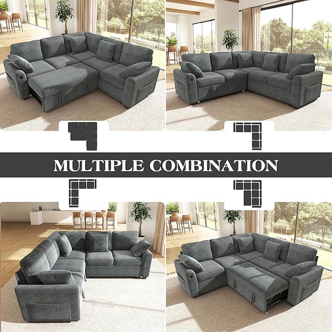 Ihanherry 83-inch 5-Seater Large Sectional Sofa Bed with Storage Corduroy Reversible Modular Sleeper Sofa with USB Port &amp 4 Pillows Convertible L-Shaped Couch for Living Room（Gray）
