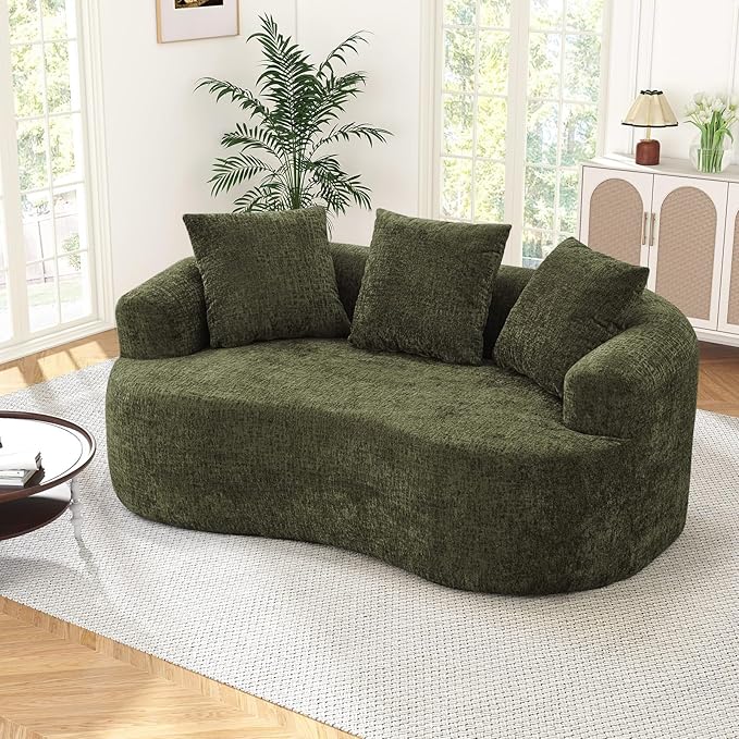 60 Curved Sectional Sofa for Small Spaces - Plush Chenille Modern Cloud Loveseat with Pocket Springs &amp Memory Foam Boneless Floor Couch for Living Room 27.6 Extra Deep Seat No Assembly (Green