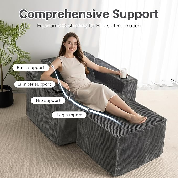 Cloud Single SofaComfy Lounge Chair with Elevated Seat Height Cup Holder &amp Side PocketNo Assembly Required Foam Couch for Small Space Bedroom Office Apartment (Grey with Ottoman)
