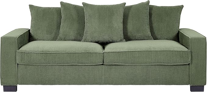 Luxe Corduroy Sofa with 5 Matching Toss Pillows Sleek Design Spacious and Comfortable 3 Seater Couch for Modern Living Room 88 Wide Dark Green