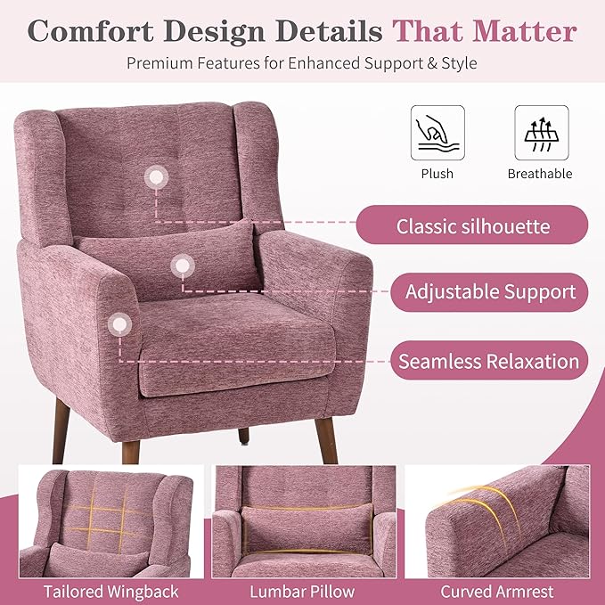 Modern Accent Chair Upholstered Armchair with Pillow Fabric Single Sofa Chair with Lounge Seat Solid Wood Legs Accent Chair for Living Room Bedroom Small Spaces (Purple)