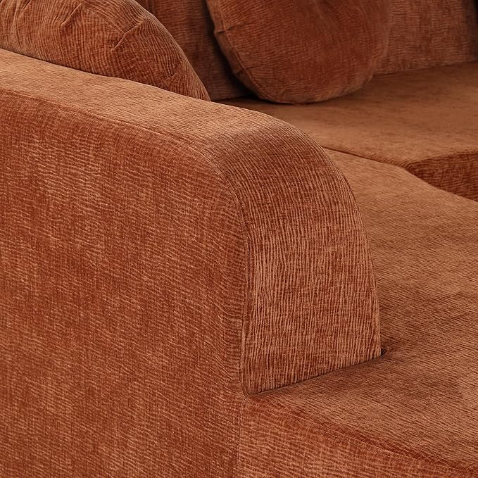 122'' Sectional Sofa Fully Compressed SpongeElegant Curved Design with Three Round Cushions Soft Fabric Upholstery High-Resilience Foam for Ultimate Comfort Orange