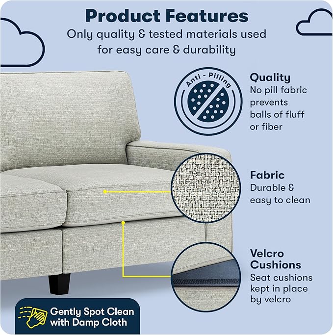 Serta Palisades 73 Track Arm Sofa Easy Care Polyester Soft Pillow Back Pocket Coil Seat Cushions Removable Covers Loveseat or Couch for Small Spaces Living Rooms or Bedrooms Pebble Gray