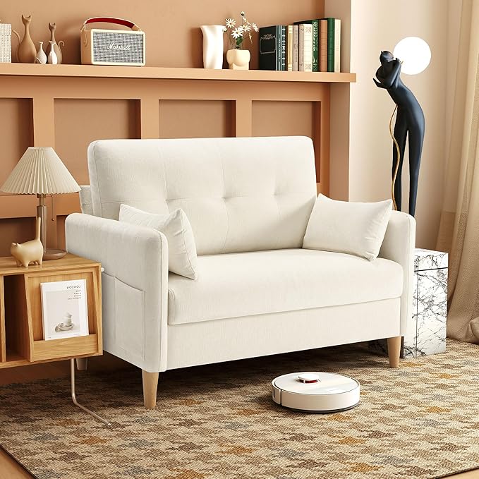 47 Small Sofa Couch Soft Chenille loveseat Mini Couch with Throw Pillow and Removable Cushion Cover for Small Spaces Bedroom Apartment Dorm Office Living Room(Beige)