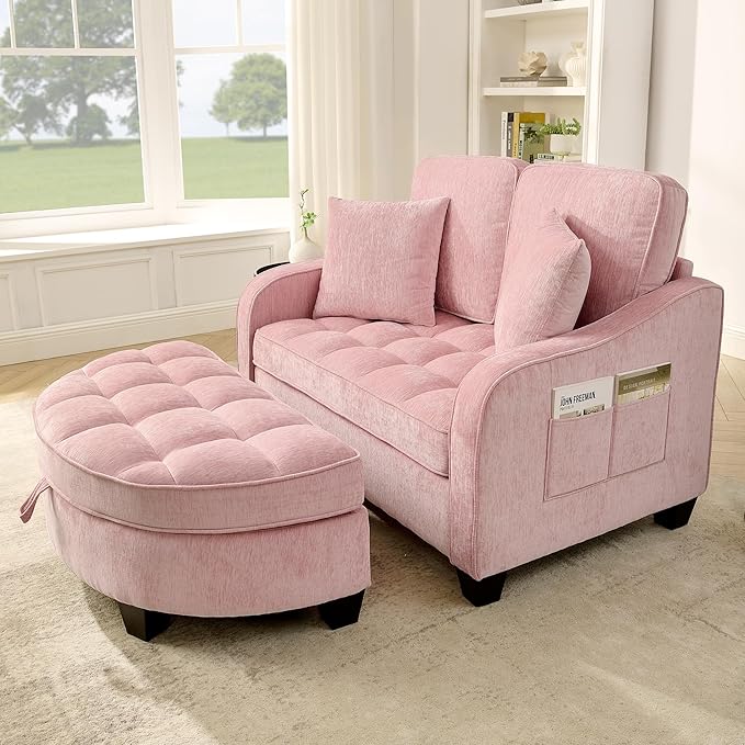 ERYE Chenille Tufted Loveseat Sofa and Ottoman Set Tufted Recliner Sleeper Chaise Lounge with Curved Storage OttomanReclining Backrest and Side Pockets 4 Pillows