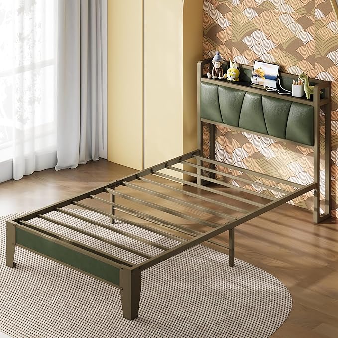 LIKIMIO Twin XL Bed Frame Storage Headboard with Charging Station Solid and Stable Noise Free No Box Spring Needed Easy Assembly (Dark Green)
