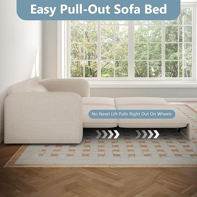 93 King Size Sofa Bed 3 in 1 Convertible Pull Out Couch Loveseat Sleeper Comfy Upholstered Teddy Sofa 3 Seater Chaise Lounge with 2 Pillows Modern Couch Bed for Living Room Beige