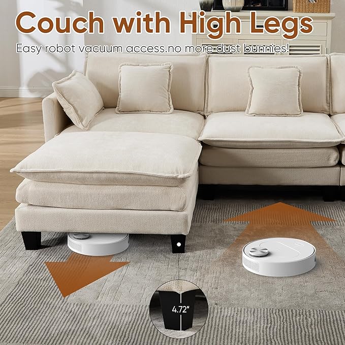 108 L Shaped Modular Sectional Cloud Couch with Ottoman 3 Seats Modern Sofas with Charger USB &amp Type-c Port with Deep Seat for Living Room Bedroom and Apartment White