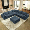 118.2 Modern V Shaped Corner Sofa Comfy Modular Sectional Cloud Couch with Plush Corduroy Fabric Deep Seat Upholstered Sofa Boneless Couches for Living Room No Assembly (Blue + Ottoman)