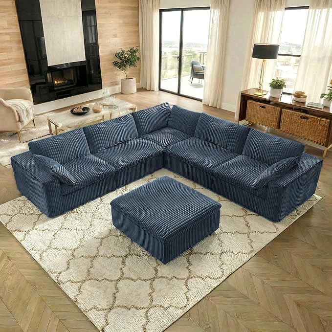 118.2 Modern V Shaped Corner Sofa Comfy Modular Sectional Cloud Couch with Plush Corduroy Fabric Deep Seat Upholstered Sofa Boneless Couches for Living Room No Assembly (Blue + Ottoman)