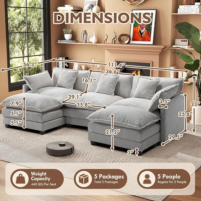 111.4” Modular Sectional Sofa U Shape Cloud Couch with 2 Movable Ottoman Comfy Chenille Deep Seat Sofa with Soft Pillows for Living Room Apartment （Grey）