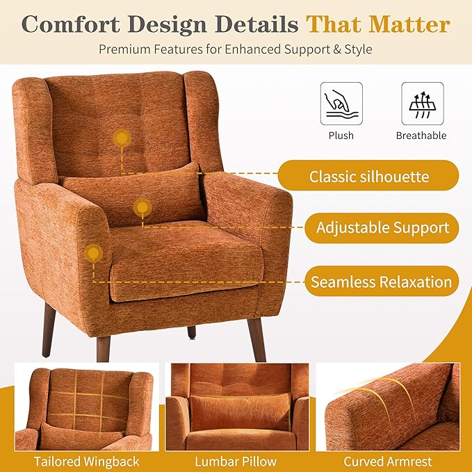 Accent Chair Set of 2 Upholstered Armchair with Pillow Fabric Single Sofa Chair with Lounge Seat and Wood Legs Accent Chair for Living Room Small Spaces (Orange Set of 2)