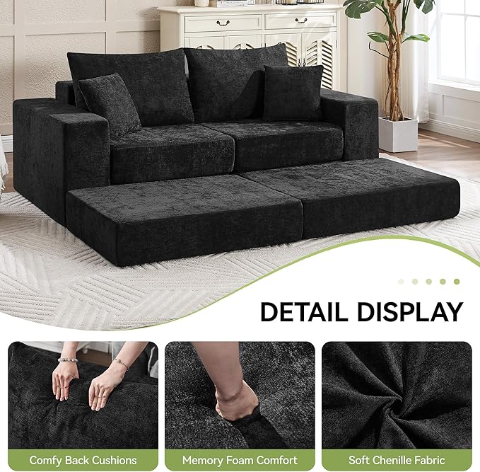 79 Boneless Loveseat Sofa Couch Modular Foldable Floor Cloud Sofa with Ottoman Lounge Convertible Sofa Bed for Living Room No Assembly Chenille Black