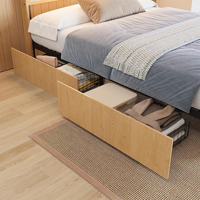 GAOMON Full Size Rattan Bed Frame with 4 Storage Drawer Boho Style Rattan Bed with LED Light &amp Natural Headboard Sturdy Wooden Slats Support No Box Spring Needed