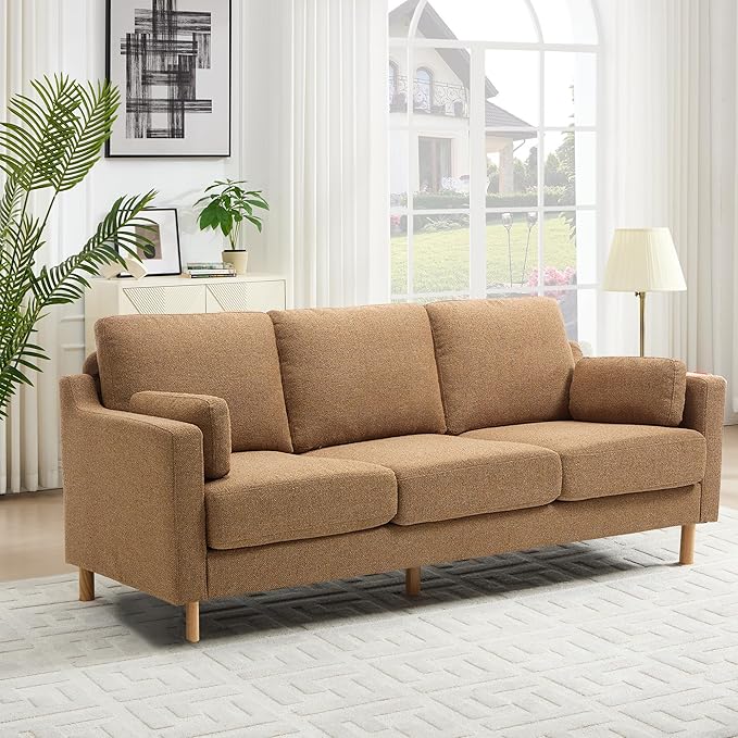 Tbfit 83.5 Linen Couch 3 Seater Mid Century Modern Sofa with Spring Cusions &amp Extra Deep Seat for Bedroom &amp Living Room Comfy Upholstered Couches Easy Assembly with Solid Wood Legs Ginger