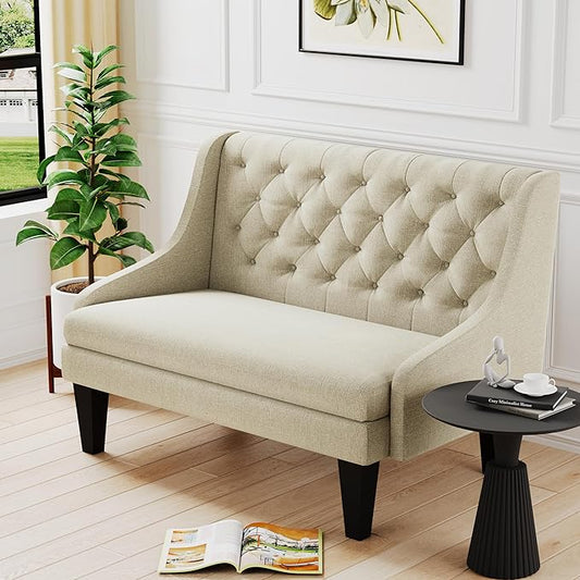 Tongli 50 Small Modern Loveseat Settee Sofa Linen Fabric 2-Seat Sofa Couch Tufted Love Seat Dining Bench with Back Upholstered Banquette Sofas for Living Room Bedroom Small Space Entryway