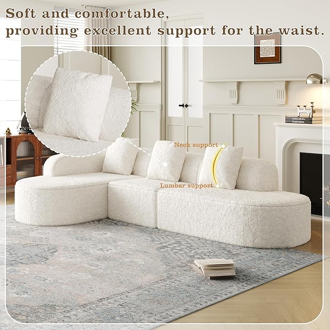 111.8' Curved Sectional Cloud Sofa Modern L Shaped Couch with Chaise &amp Pillows Comfy Upholstered Deep Seat Compression Boneless Sofa for Living Room Office No Assembly Required Left Facing Wh