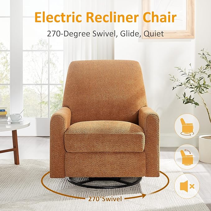 VANOMi Power Swivel Glider Recliner Chair Electric Nursery Rocker Recliner Chair USB &amp Type-C Charger Boucle Curry