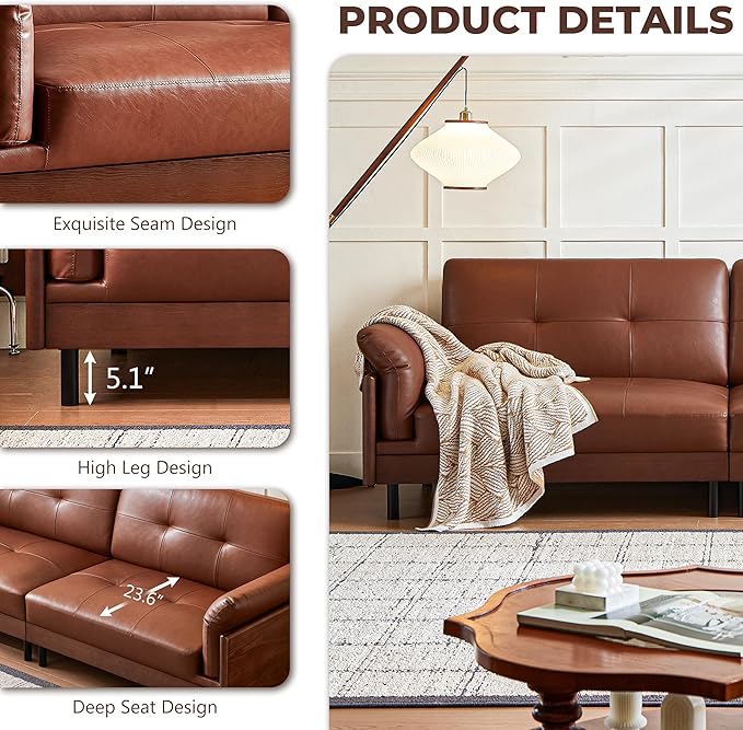 90 Inch Mid Century Modern Brown Leather Sofa Vintage Luxury 4-Seater Large Waxed Leather Sectional Couch with Solid Wood Exterior and Hand-Tufted for Living Room and Office