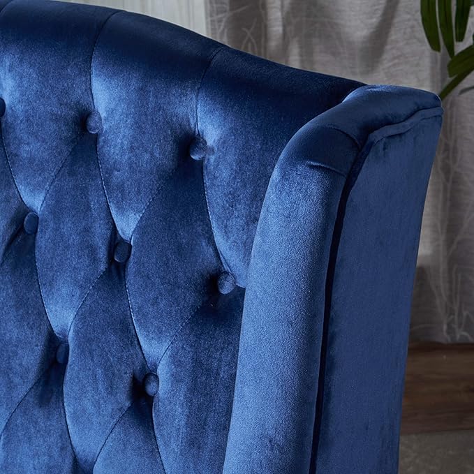 GDFStudio Modern Glam Tufted Velvet Wingback Loveseat Navy Blue and Dark Brown