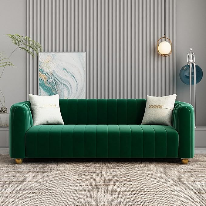 Modern Green Velvet Couch for Living Room 83.46 Curved Sofa with Gold Metal Sphere Legs 3 Seater Cute Couch (Velvet Green)