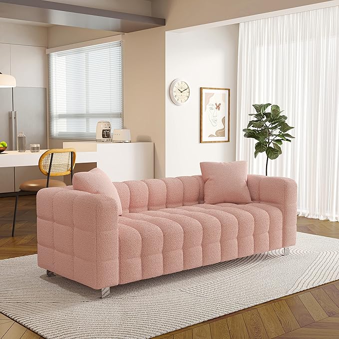 87.4'' Modern 3-Seater Sofa Bubble Couch with 2 Pillows for Living RoomTeddy Bouclé Velvet Deep Seat Sofa Couch Fluffy Loveseat Sofa with 6 Metal Base Legs for Bedroom/Home/Office(Pink)
