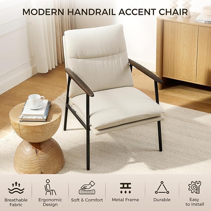 Art Leon Accent Chair- Mid Century Modern Accent Chairs Upholstered Fabric Reading Bedroom Chair Side Sitting Chair with Metal Frame Armchairs for Living Room Bedroom Guest Room Beige